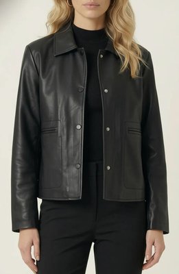 Button-front Collared Leather Jacket With Patch Pockets
