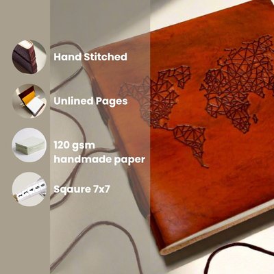 World Map Debossed Square Leather Journal