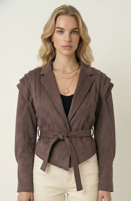 Structured Belted Jacket With Pleated Shoulders