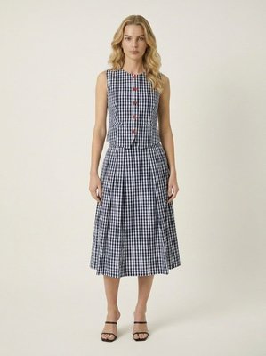 High-waist Pleated Gingham Midi Skirt For Women