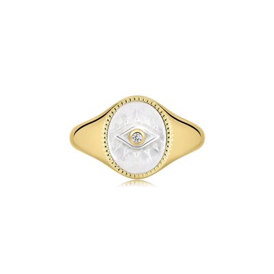 Evil Eye Signet Ring With Mop & Cz Center Stone