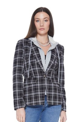 Helen Blazer With Removable Grey Hoodie Insert - Black Plaid