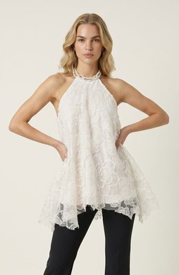 Embroidered Floral Halter Top With Sheer Overlay And Flowing Hem