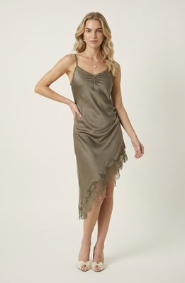 Asymmetric Satin Slip Dress With Lace Trim And Draped Silhouette