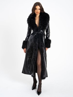 Zella Fur Trim Vegan Croc Leather Coat