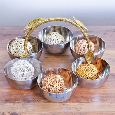 Stainless Steel Six-bowl Sectional Serving Set With Gold Leaf Handle