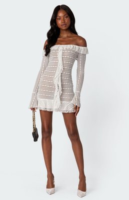 Edikted Women's Textured Sheer Lace Mini Dress In Cream