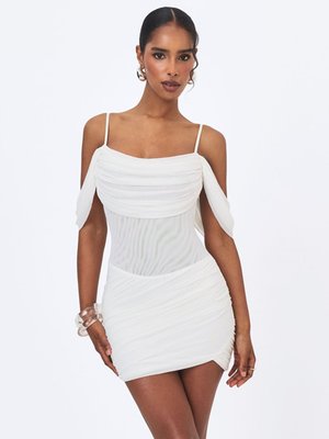 Umnia White Mesh Off-shoulder Drape Mini Dress