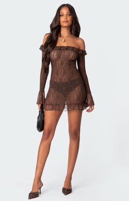 Edikted Women's Wisteria Scrunched Sheer Lace Mini Dress In Brown