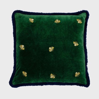 Embroidered bee fringe pillow, hunter green cotton velvet