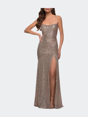 La Femme Lace Up Back Sequin Gown With Flare Skirt