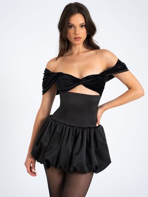 Gabby Off-shoulder Velvet Bubble-hem Mini Dress