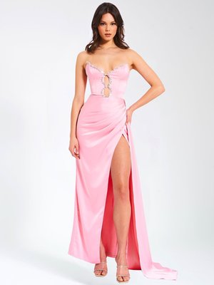 Marilyn Pink Satin Crystal Embellished High Slit Gown
