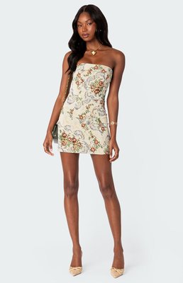 Edikted Women's Floral Tapestry Lace Up Mini Dress In Cream