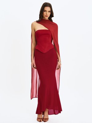 Giselle Crimson Peplum Mermaid Gown With Chiffon Scarf