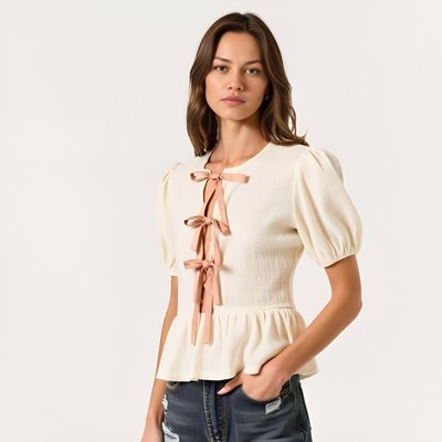 Puff-sleeve Peplum Blouse With Bow-tie Front Detail