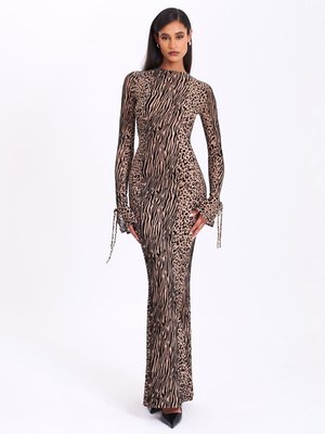 Waylynn Nude Black Animal Print Burnout Velvet Mesh Backless Maxi Dress