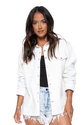 Denim Mix Unreal Leather Shacket - White