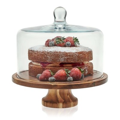 Acaciawood Footed Round Wood Server Cake Stand with Glass Dome