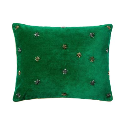 Embroidered Star Pillow, Emerald Green Cotton Velvet