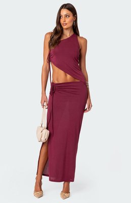 Edikted Women's Frankie Drawstring Slit Maxi Skirt In Burgundy