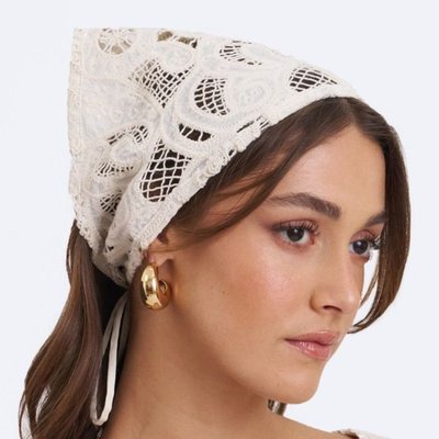 Cotton Lace Triangle Head Scarf - Beige