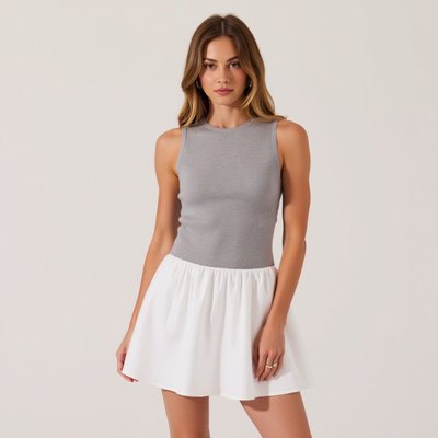 Knit Bodice Contrast Mini Dress With Gathered Woven Skirt