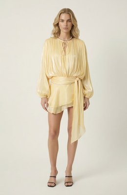 Pleated Long Sleeve Mini Dress With Tie Waist And Keyhole Neck