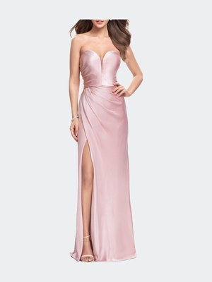 La Femme Long Strapless Satin Prom Dress With Side Ruching