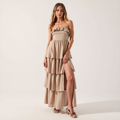 Strapless Tiered Ruffle Maxi Dress With High Slit