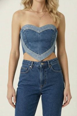 Strapless Denim Corset Top With Heart-shaped Panel And Contrast Trim
