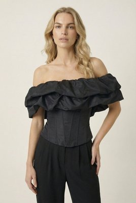 Off Shoulder Corset Top With Ruffle Overlay And Structured Fit