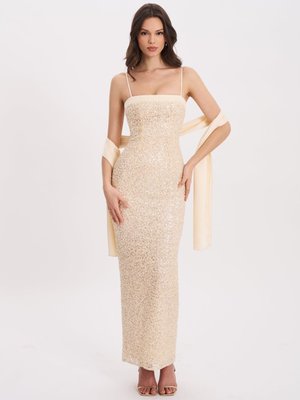 Raizel Gold Beaded Sequin Bodycon Gown With Scarf