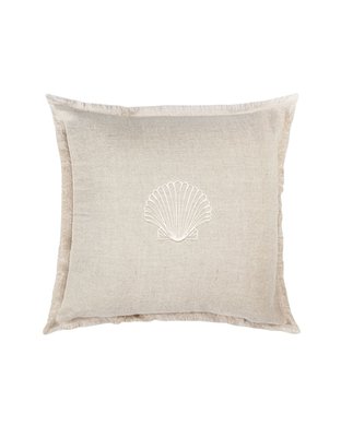 Seashell Beige Embroidered Linen Fringe Pillow