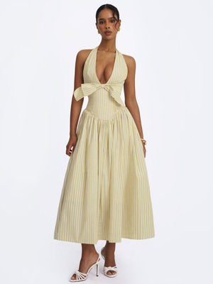 Talise Lemon Yellow Cotton Poplin Halter Maxi Dress