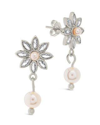 Esti Cz Flower & Pearl Drop Stud Earrings