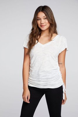 Slub Jersey Split Sleeve V Neck Drawstring Side Shirred Tee