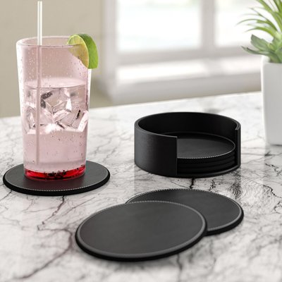 Leather Round 6 Piece Coaster Set With Holder