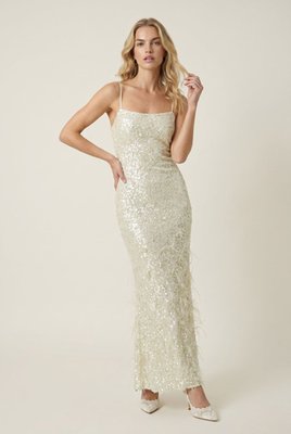 Sequin Mermaid Maxi Dress With Feather Trim And Slim Straps