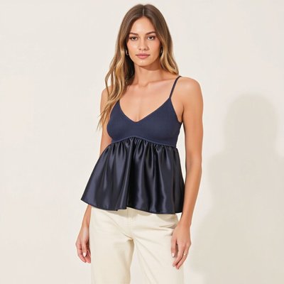 Knit Ribbed Bodice Satin Babydoll Cami Top