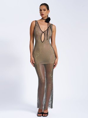 Quiana Mesh Rhinestone Maxi Dress - Black