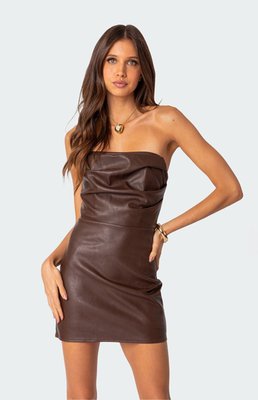 Edikted Women's Draped Faux Leather Mini Dress In Brown