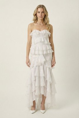 Strapless Raw Edge Tiered Ruffle Maxi Dress With Flowing Silhouette