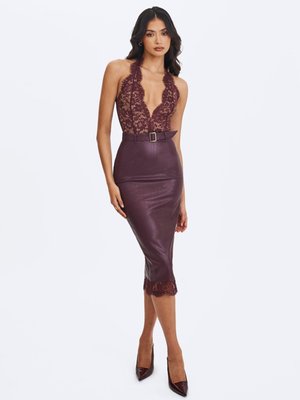 Fiera Mahogany Plunging Halter Belted Midi Dress