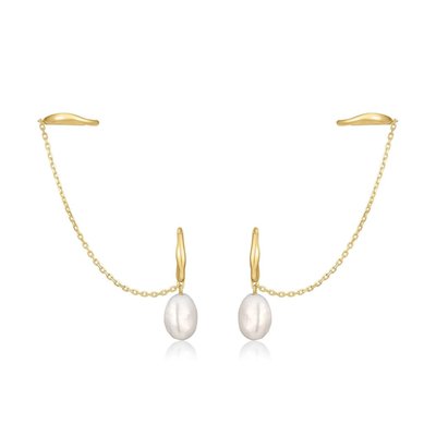 14k Earcuff & Pearl Drop Huggie Hoop Earrings