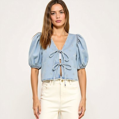 Embroidered Bow Puff Sleeve Top With Front Tie Detail And V-neckline