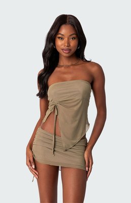 Edikted Women's Joy Asymmetric Sheer Mesh Tube Top In Olive