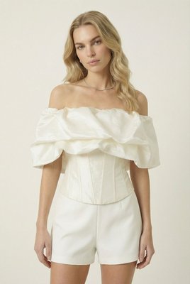 Off Shoulder Corset Top With Ruffle Overlay And Structured Fit
