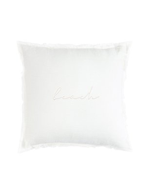 Beach Script Embroidered White Linen Fringe Pillow
