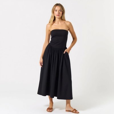 Strapless Smocked Bodice Midi Dress